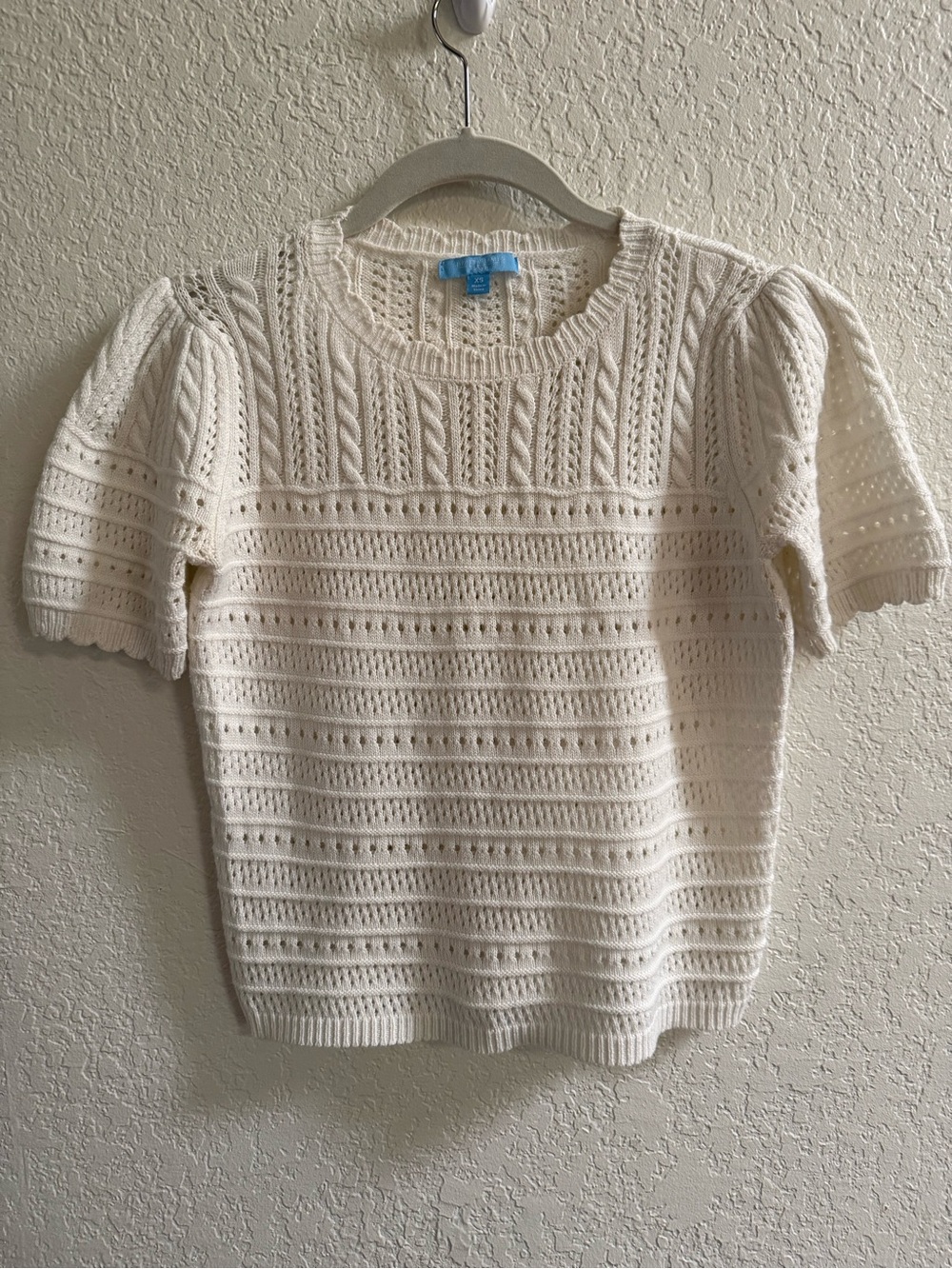 Draper James Cream Open-Knit Short Sleeve Sweater